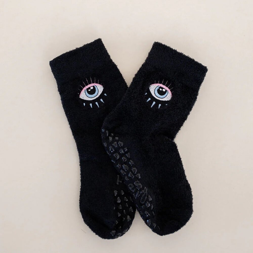 Pilates Honey Black Evil Eye Grip Sock, S/M, NWT